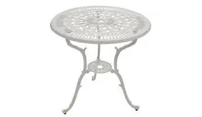 Durch seine runde Form und die ornamentalen Verzierungen sorgt der weiße ø 70 x 70 cm Alu Gartentisch für ein Wohlfühlambiente im Garten und auf dem Balkon 