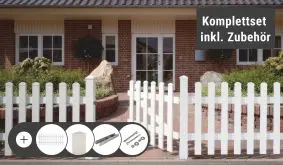 Das Gartenzaun Komplettset ist leicht zusammenzustellen und wird schnell zu Ihnen nach Hause geliefert. Zur Auswahl stehen 3 verschiedene Zaunformen sowie optionale Zauntore.