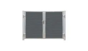 Vormontiertes Doppeltor mit schiefergrauer WPC-Füllung in der DIN Richtung Links mit einstellbaren Bändern für den leichten und schnellen Aufbau.