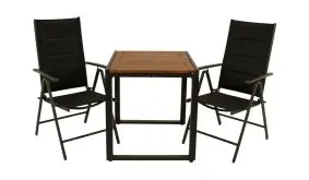 3- teiliges Balkonmöbelset aus anthrazitem Aluminium mit Tischplatte aus Akazie vor weißem Hintergrund