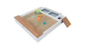 Buddelkasten mit Sitzbank, zwei herausnehmbaren Kunststoffbehältern und viel Stauraum