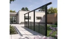 Einreihige Pergola aus druckimprägnierter und schwarz farbgrundierter Kiefer/Fichte. Hier im Bild kombiniert mit drei 180 x 90 cm Rankgitterelementen Tokyo (optionales Zubehör)