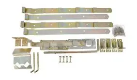 Komplettsatz mit Torbändern und Drückergarnitur. Für zweiflügelige Holzgartentore mit Bogen bis 300 cm Breite
