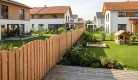 Naturbelassene Douglasienzäune mit Oberbogen und gerundeten Zaunlamellen als Grundstücksbegrenzung in einer Wohnsiedlung.