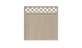Zaunfeld in ansprechendem Sheffield Oak mit dem Maß 180 x 180 cm  mit senkrechtem Profilverlauf, geschlossene Füllung und Rankgitter überplattet oben