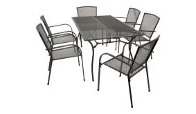 Die Gartenmöbel Metall Porto bieten sechs 55,5 x 57 x 87 cm Stapelsessel mit gerundeten Armlehnen und einen rechteckigen 150 x 90 x 73 cm Esstisch