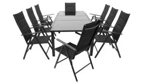 9-teiliges Gartensitzmöbel Set für gesellige Treffen auf der Terrasse. Mit acht bequemen Klappstühlen und einem großen Ausziehtisch