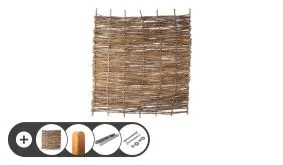 Das Komplettset bestehend aus unbehandelten Zaunelementen aus Haselnuss, Pfosten sowie Montagematerial können Sie sich leicht zusammenstellen und frei Bordsteinkante liefern lassen.