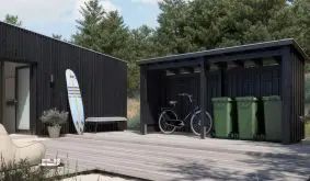 Das kleine 432 × 109 cm Holz Gartenhaus – schmal, aber dennoch geräumig. Und offen für Gartenaccessoires, Fahrräder, Mülltonnen, Gartenmöbel und, und, und