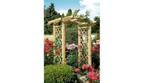Die Pergola Entree – Bogen ist ein Bausatz bestehend aus Kanthölzern, Rundbögen, Doppelreitern, vorgefertigten Rankgittern und Montageschrauben. Sämtliche Bauteile sind aus grün druckimprägnierter Kiefer/Fichte gefertigt