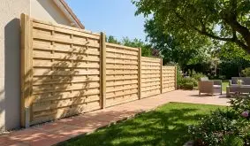 Holzzaun Bremen Massiv mit waagerechten Lamellen und Pfosten als Sichtschutz an Terrasse im Garten