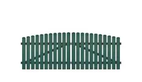 Pflegeleichtes Doppeltor, bestehend aus Vollkunstofflatten auf Aluminiumrahmen, 308 x 100 auf 115 cm, grün (RAL 6012), inkl. verstellbare Edelstahlbeschläge (6mm starke Ladenbänder vormontiert), Überwurf, Bodenriegel, Metallhülsen und Arretierung.