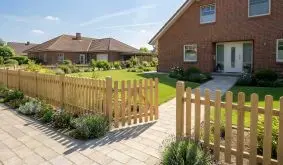 Stabiler Eichen-Lattenzaun mit gerundeten Zaunlatten vor blühendem Vorgarten an einer Sonnenterrasse.