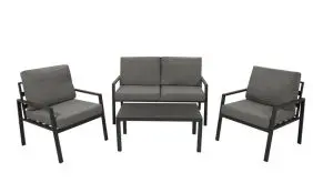 Loungegarnitur Aluminium für 4 Personen: Ein Sofa, zwei Sessel und ein Loungetisch in modernem Anthrazit