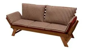 Das Loungesofa für den Garten hat eine Breite von 165 cm. Die Armlehnen lassen sich nach unten klappen, dann ergibt sich ein 202 cm Liegesofa bzw. eine Diningbank für drei Personen