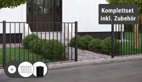 Das Komplettset bestehend aus feuerverzinkten Stahlzäunen sowie Pfosten und Montagematerial ist kinderleicht konfiguriert und schnell geliefert.