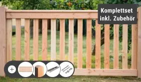 Das Komplettset der Zaunelemente aus Douglasie erhalten Sie mit allen nötigen Zubehörteilen für eine einfache Montage frei Bordsteinkante geliefert.
