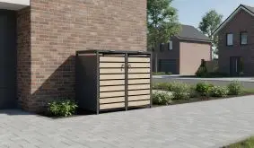 Die Müllboxen sind für ein oder zwei Tonnen erhältlich und aus verzinktem und pulverbeschichtetem Stahl gefertigt. 