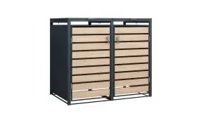 Die Müllboxen sind für ein oder zwei Tonnen erhältlich und aus verzinktem und pulverbeschichtetem Stahl gefertigt. 