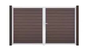 Das Odense Doppelflügeltor bestehend aus BPC im Dekor Terra mit umlaufenden Aluminiumrahmen