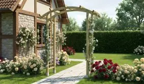 Ein eleganter Rosenbogen führt vom Haus in einen blühenden Gartenweg, umgeben von üppigen Rosen in sanften und kräftigen Farben.