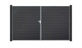 Wetterfestes Doppeltor bestehend aus PVC-Lamellen und Alu-Rahmen. Lamellen und Rahmen in der Farbe Anthrazit