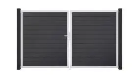 Zweiflügliges Steckzauntor in Anthrazit bestehend aus 24 PVC-Lamellen und Aluminiumrahmen in Silber