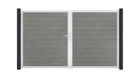 Aschgraues Doppeltor aus wetterfesten PVC-Lamellen und stabilem Alu-Rahmen. Maß: 300 x 180 cm