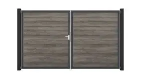 Zweiflügliges Steckzaun Tor aus wetterfesten PVC Lamellen und Alu-Rahmen. Farbe: Monument Oak