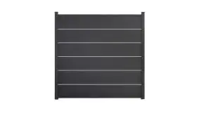 PVC-Steckzaun mit modernen Alu-Zwischenleisten in der Farbe Anthrazitgrau. Lamellen bestehend aus PVC