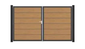 PVC Steckzaun Premium Doppeltor im Holzdekor Asteiche - umlaufender Rahmen in Anthrazit
