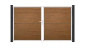 300 cm breites Doppeltor bestehend aus PVC-Lamellen und Alu-Rahmen. Holzdekor: Golden Oak