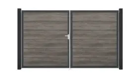 Doppeltor aus wetterfesten PVC Lamellen in Monument Oak - Rahmen und Zwischenleisten aus Aluminium