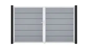 Silbergraues Doppeltor aus pflegeleichtem PVC im Maß: 300 x 180 cm. Rahmen aus silbernem Aluminium