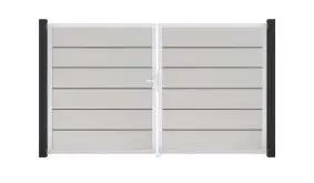 Weißes Doppeltor aus wetterfestem PVC mit umlaufendem Aluminium-Rahmen in Silber. Maß: 300 x 180 cm