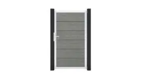 Aschgraues Premium Einzeltor aus wetterfestem PVC. Silberner Rahmen aus kratzfestem Aluminium