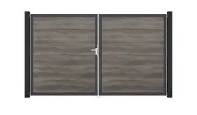 300 cm breites Doppeltor im Dekor Monument Oak. Wetterfeste PVC-Lamellen und Rahmen aus Aluminium in Anthrazit (DB703)