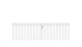 Weißes Doppeltor in dem Maß 308,5 x 90 cm inklusive Bänder, Rohrrahmenschloss, Auflaufstütze, Bodenschieber, Schrauben, beidseitiger Drückergarnitur und Profilzylinder. Bitte verwenden Sie Torpfosten 