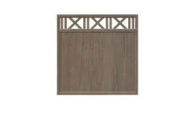 Das Zaunfeld 180 x 180 cm mit dem Rankgitterornament oberhalb, wirkt trotz Kunststoff wie Holz, dank der Farbe Monument Oak