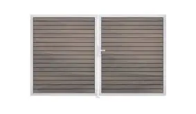 Wetterfestes WPC Rhombus Zaun Doppeltor in Bi-Color mit silbernem Rahmen. Maß: 300 x 180 cm