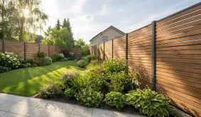 Rhombus Steckzaun Livo, Holzsichtschutz in Rhombusoptik mit dunklen Pfosten entlang der Gartenfläche am Haus