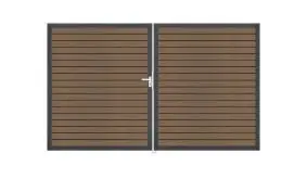 WPC Doppeltor in Rhombus-Optik bestehend aus 6 Lamellen, Bänder, Schließblech, Schloss und Griff. Rahmenfarbe: Anthrazit