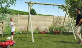 300 x 190 x 220 cm Schaukel aus Holz für 2 Kinder. Zwei rote Schaukelsitze mit vormontierten Schaukelschellen gehören zum Lieferumfang