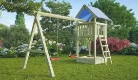 Der 410 x 190 x 296 cm Schaukel Spielturm ist die richtige Wahl für Familien mit zwei Kindern oder häufigem Spielbesuch