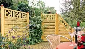 Der Sichtschutz Köln aus grün druckimprägnierter Kiefer/Fichte bietet vier aufeinander abgestimmte Sichtschutzelemente. Diese lassen sich modular nutzen