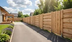 Sichtschutz Rustikal Herne aus naturbelassener Lärche mit rustikalen Bohlen, entlang der Terrasse im Garten