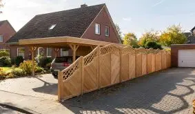 Sichtschutzzaun Douglasie Taunus, verschiedene kombinierte Zaunelemente mit Rankgittern auf Grundstücksgrenze zwischen Einfahrten.