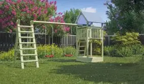 Eine echte Allroundanlage für aktive Kinder: 470 x 190 x 296 cm Spielturm mit Sandkasten, Doppelschaukel und Kletterleiter