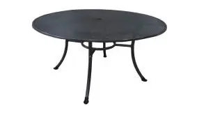Für bis zu 8 Personen: Wetterfester und robuster Ø 150 x 72 cm Streckmetall Gartentisch mit Schirmloch in der Tischplatte.