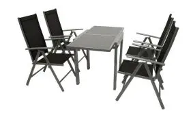 Moderne Terrassenmöbel aus Alu. Zu dem 5-teiligen Komplettset gehören vier 56 x 66 x 107 cm Klappsessel und ein 65 (130) x 65 x 75 cm Ausziehtisch mit Glasplatte